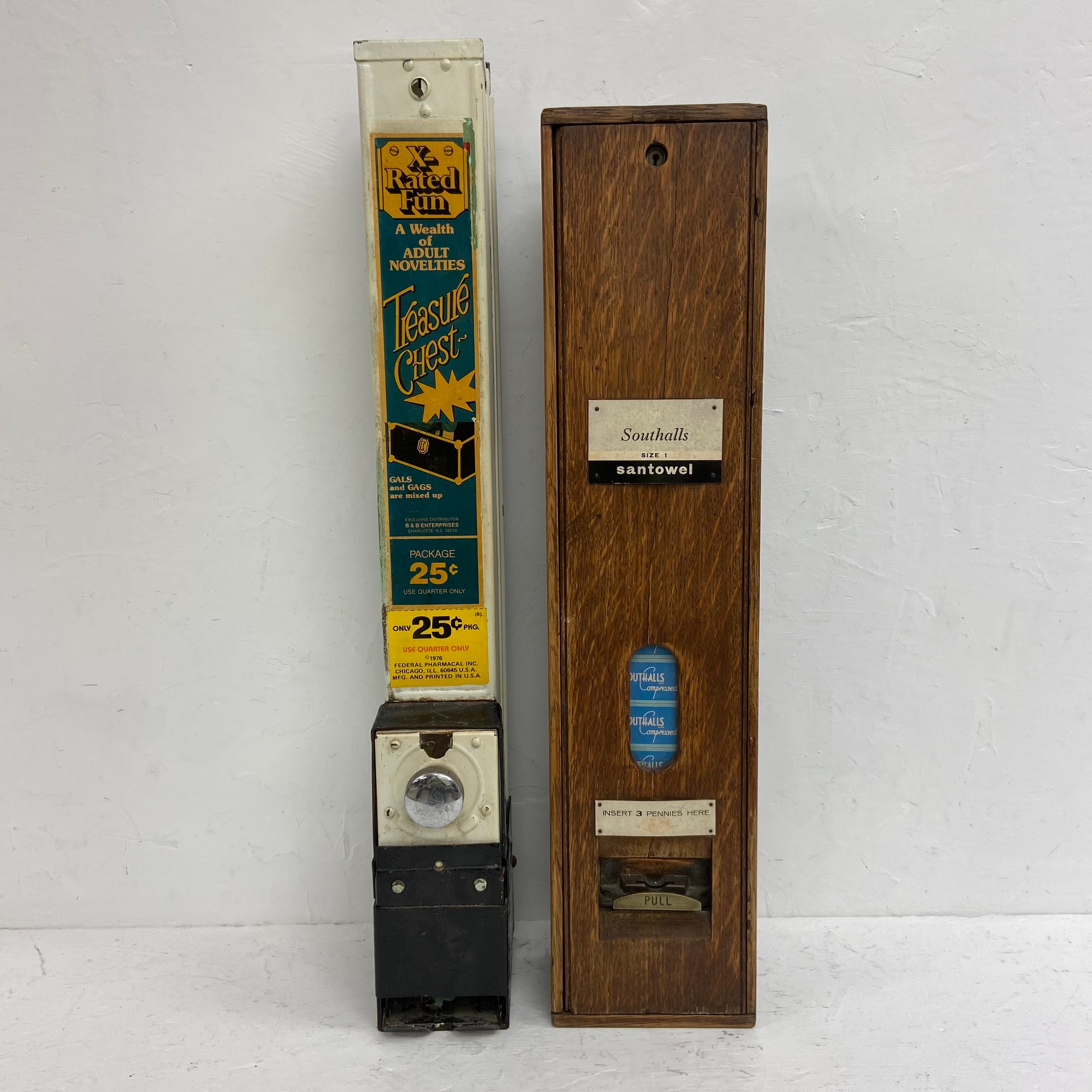 A C.1900 oak framed Southalls Santowel vending machine together with an X-Rated Fun adult novelty '