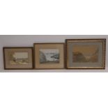 A watercolour, boats on a river signed A E Waite, a seascape by R Palmer Baines and another