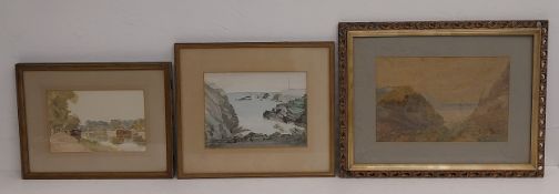 A watercolour, boats on a river signed A E Waite, a seascape by R Palmer Baines and another