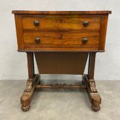 A Victorian rosewood work or sewing table with figured and crossbanded top over two frieze drawers