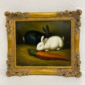 A contemporary oil on canvas, rabbits and carrot, after the original late 19th century painting by