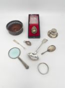 A mixed lot of hallmarked silver to include a vintage egg with enamelled rabbit in a fitted box by