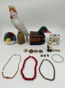 A mixed lot of costume jewellery together with a carved and hand painted figural duck bookend, a