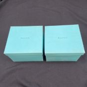 A pair of vintage boxed Tiffany & Co. emerald cut crystal paperweights with engraved inscriptions.