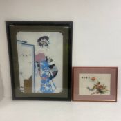 A Japanese print, portrait of a Geisha, together with a Chinese needlework embroidery depicting a