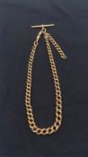 A vintage 9ct yellow gold Albert fob chain with graduating hallmarked links and t-bar or toggle