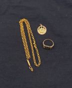 A mixed lot of yellow metal to include a belcher chain, pierced mosque charm pendant and engraved