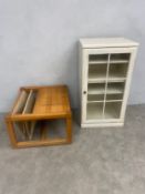 A painted dwarf bookcase and a contemporary low table with magazine sections. H.91 W.48 D.41cm. (