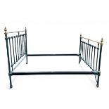A refurbished Victorian green painted cast iron and brass bed frame to fit a standard 4'6" double