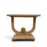 A pair of mid to late 20th century Art Deco style oak console tables each with a curved plank top