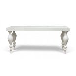 A large contemporary console table in gloss lacquer finish on shaped tapering supports. H.90 x W.200