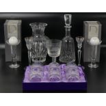 Crystal glass ware including, a pair of Waterford crystal Marquis Hanover golden candlesticks,