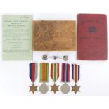 Five WWII medals, including the Italy Star, along with two Merchant Navy lapel badges, an RAF