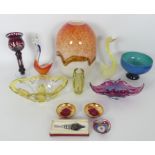 Twelve pieces of glassware, including Murano, an art glass vase with abstract design.