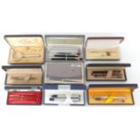 Calibri, Waterman and Parker pens in their original boxes.