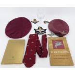 British Airborne Veterans collection to include a tie, 2 maroon berets, a glider badge,