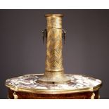 A SAFAVID ENGRAVED AND GILT BRASS COLUMNAR TORCHSTAND, POSSIBLY 17TH CENTURY