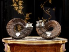A PAIR OF SCOTTISH EARLY 20TH CENTURY STERLING SILVER AND AMETHYST MOUNTED HORN SNUFF MULLS