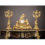 A VERY LARGE 19TH CENTURY FRENCH GILT BRONZE FIGURAL CLOCK GARNITURE
