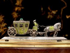 A FINE LATE 19TH CENTURY VIENNESE STERLING SILVER AND ENAMEL MODEL OF A COACH AND HORSES