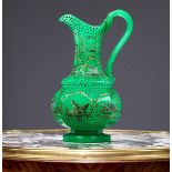 A FINE 19TH CENTURY BOHEMIAN URANIUM GREEN GLASS JUG DECORATED WITH ANIMALS