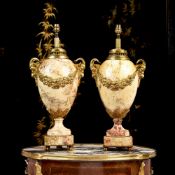 A PAIR OF LOUIS XVI STYLE BRECCIA MARBLE AND ORMOLU MOUNTED URN LAMPS
