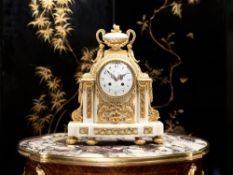 A FINE LATE 19TH CENTURY FRENCH GILT BRONZE AND WHITE MARBLE CLOCK, DENIERE, PARIS