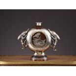 A FINE JAPANESE MEIJI PERIOD SILVER AND GILT MOONFLASK VASE