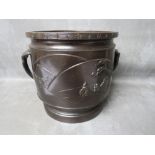 A LARGE ORIENTAL BRONZE TWIN HANDLED JARDINIERE, Meiji period, decorated with dragon, figures and
