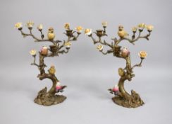 Pair of Bronze & Porcelain Tree, Bird Candle Holders.