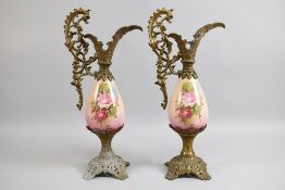 Pair of Victorian Style Porcelain & Gilt Mounted Ewers.