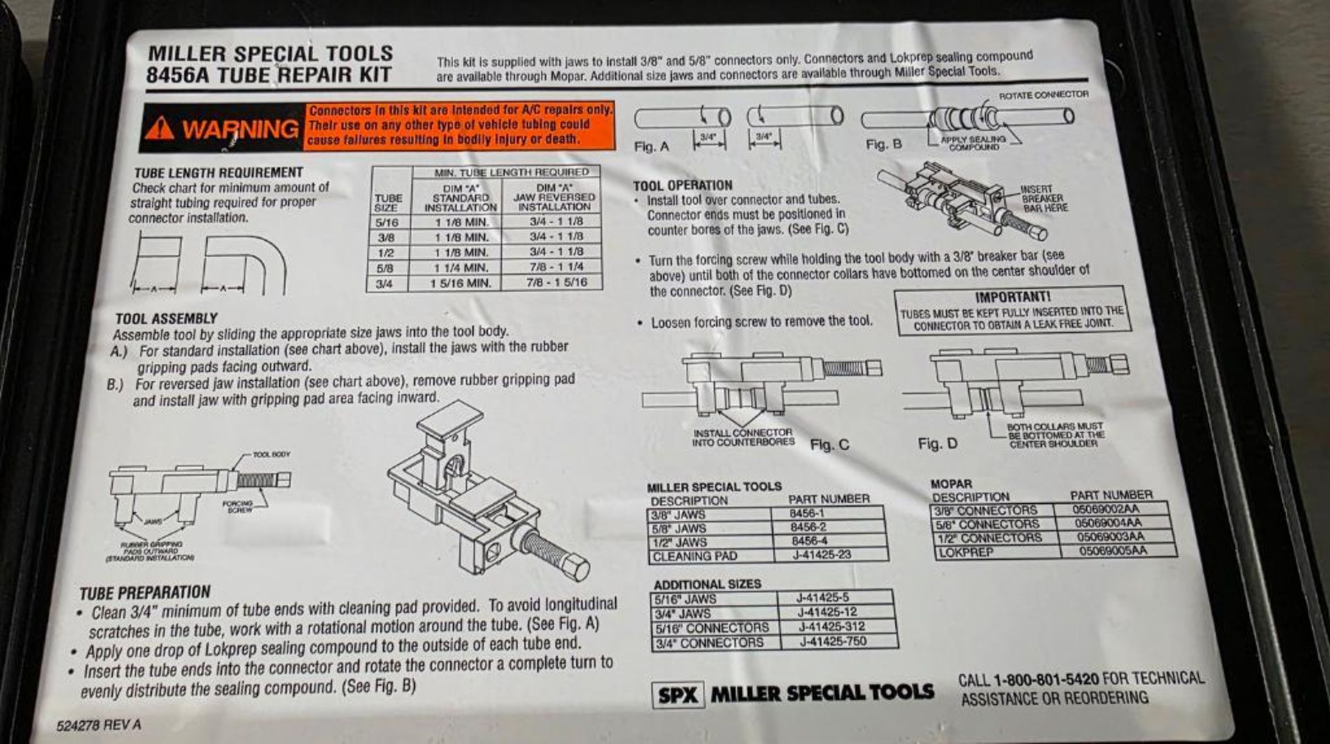 LOT - MILLER SPECIAL TOOLS 8456A A/C LINE REPAIR KIT W/ MOPAR ...
