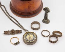A treen box with silver jewellery and a white metal pocket watch.
