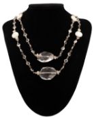 A silver, rock crystal and freshwater pearl bead necklace.