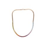 A multi-gem ‘Rainbow’ necklace, featuring a line of square-cut peridots, citrines, amethysts,