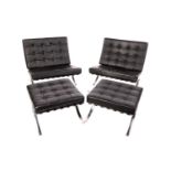 A pair of Barcelona-style chairs, after Mies van der Rohe, labelled for The Chair Company,
