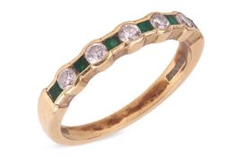 An emerald and diamond half eternity ring, featuring five round brilliant-cut diamonds, each intersp