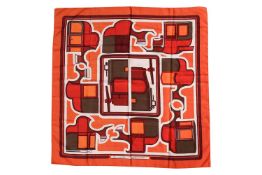 Hermès - ‘Les Coupés’ silk square scarf of brick red, oxblood and khaki colourway on an ivory ground