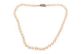 An early 20th century single-strand cultured pearl necklace, comprising a row of hand-knotted round 