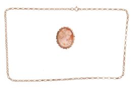 A cable-link chain necklace and a cameo brooch, the chain necklace measuring 65.5cm in length and st