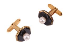 A pair of octagonal panel cufflinks set with onyx and cultured pearl, toggle back, stamped 'K18 GF' 