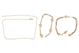 A 14ct yellow gold heart and bead bracelet, broken in one point, 4.3 grams, together with a yellow m