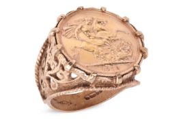 An Elizabeth II 1978 sovereign in a 9ct gold ring mount, of scrolled foliate design with twisted cab