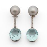A pair of pearl, diamond and aquamarine ear studs.