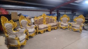 Gold and Taupe carved sofa and 4 chairs