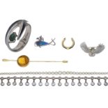 A collection of jewellery, to include a silver and enamel brooch by Pat Cheney, a pin...