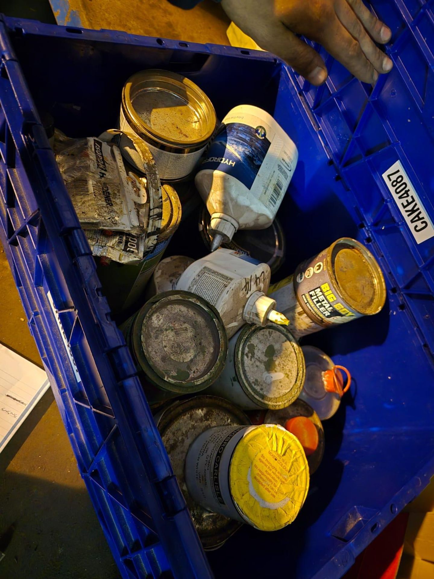 Joblot of small tins paint, hardeners & fillers