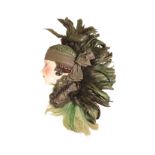 CERAMIC FLAPPER PROFILE BUST WALL MASK with feather head dress Approximate height including feathers
