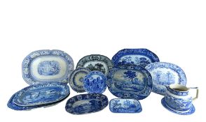 A GROUP OF 19TH CENTURY BLUE AND WHITE TRANSFER DECORATED WARES, including large meat platters, a