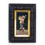 AN ITALIAN PIETRA DURA PICTURE of a man at arms drinking from a whicker encased bottle, late 19th,